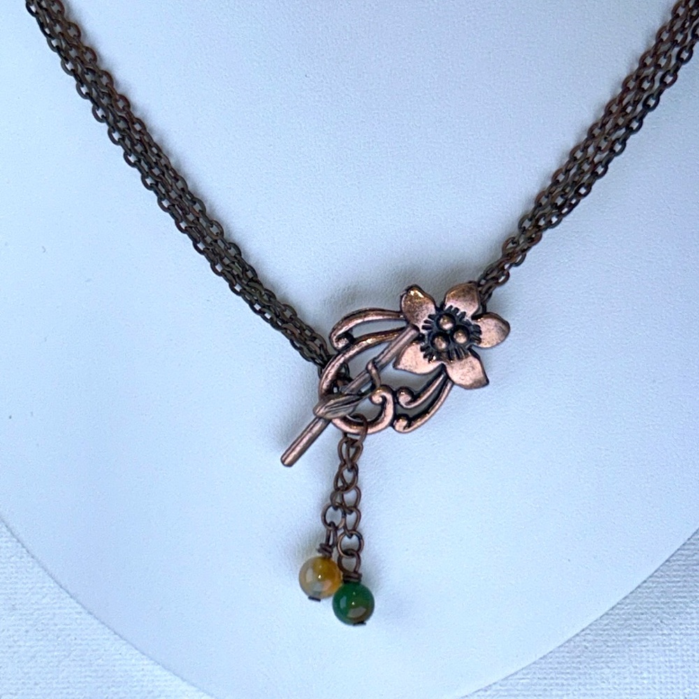 Artisan Handmade Copper Plumeria Toggle Closure Peacock Agate Necklace Floral